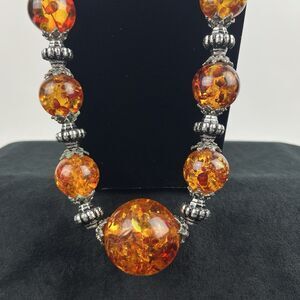 Chunky Boho Faux Amber Necklace silver tone Southwestern Artisan Statement Y2K
